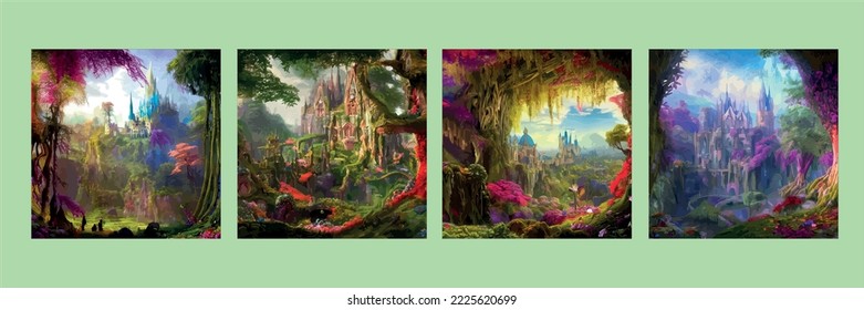 Fantasy land, grass and hill, Castle with flowers and a tree with a fantastic, realistic style. Digital artwork, concept illustration, cartoon style realistic scene design. set posters svg
