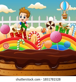 Fantasy land with kids and candies illustration