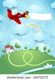 Fantasy landscape with airplane, banner and river. Vector 