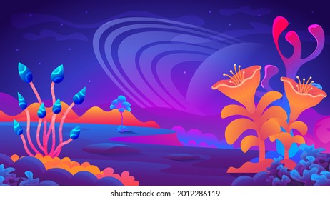 Fantasy landscape of alien planet. Colorful fantastic plants on planet background.