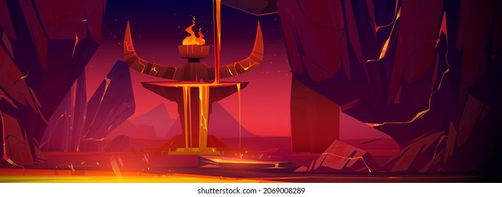 Fantasy landscape with ancient stone altar with devil horns and liquid magma flows in mountain cave. Vector cartoon illustration with rocks and tribal totem in hot lava lake