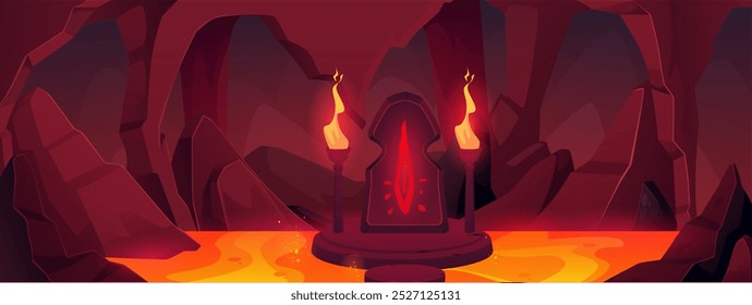 Fantasy-Landschaft mit altem Steinaltar und brennenden Fackeln, loderndem flüssigem Magma. Cartoon-Illustration mit Steinen und Stammes-Totem, heißer Lavasee in Höhle. Vektorspiel, unterirdischer Hintergrund