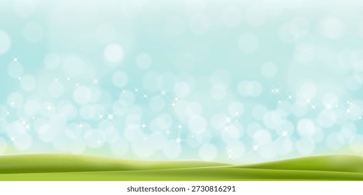 Fantasy landscape background with green hills, soft bokeh light, and sparkles on blue sky. Perfect for spring nature themes, children's design, wellness visuals, or magical dreamlike concepts.