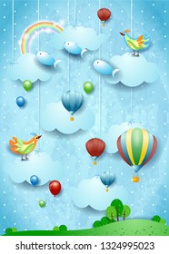 Fantasy landscape with balloons, bird and flying fisches. Vector illustration eps10