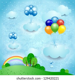 Fantasy landscape with balloons, vector