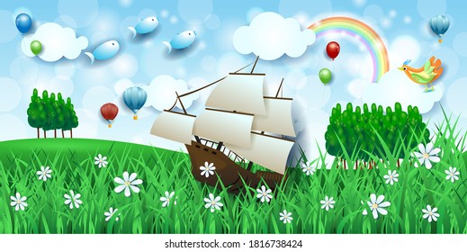 Fantasy landscape with beached sailing ship and flying fishes. Vector illustration eps10