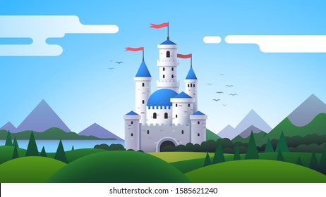 Fantasy landscape with beautiful castle, mountains, forest, meadow & hills. Fantasy medieval castle with towers & flags scenery. Kingdom, fairytale & architecture. Flat vector isolated illustration