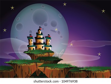 Fantasy landscape of a big castle on floating island and a gigantic moon