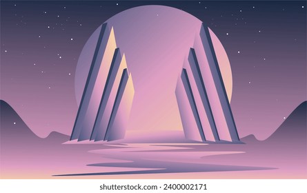 Fantasy landscape, big moon, reflection. Vector illustration