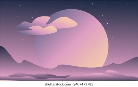 Fantasy landscape, big moon, reflection. Vector illustration
