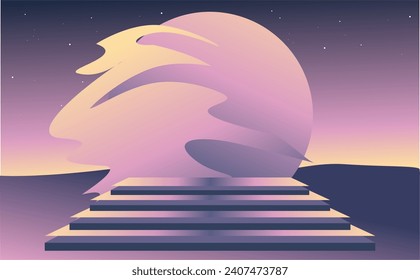 Fantasy landscape, big moon, reflection. Vector illustration