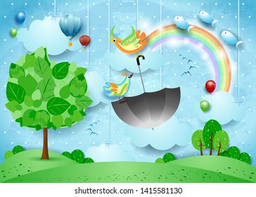 Fantasy landscape with big tree and flying umbrella and fishes. Vector illustration eps10