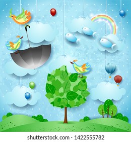 Fantasy landscape with big tree, flying umbrella and fishes. Vector illustration eps10