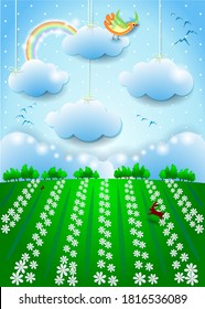 Un paisaje fantástico con pájaro, nubes colgantes y un campo de flores. Ilustración vectorial eps10
