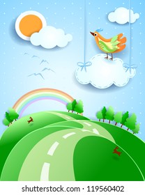 Fantasy landscape with bird, vector