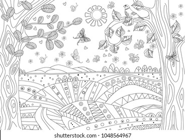 fantasy landscape with butterflies for coloring book