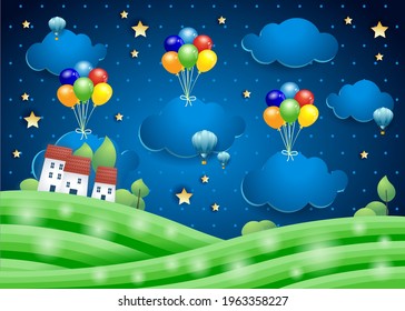 Fantasy landscape by night with hanging clouds and village. Paper art. Vector illustration eps10