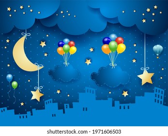 Fantasy landscape by night with urban skyline and hanging clouds. Vector illustration eps10