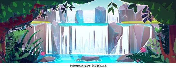 Fantasy landscape with cascade waterfall and beautiful tropical plants. Vector cartoon illustration of water flowing and falling from rocky mountain into river with stones. Adventure game background