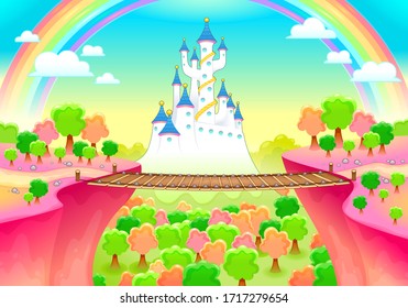 Fantasy landscape with castle and bridge. Vector cartoon illustration