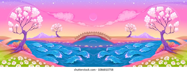 Fantasy landscape with castle. Cartoon vector illustration