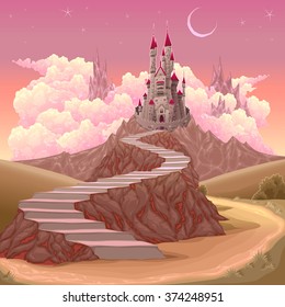 Fantasy landscape with castle. Cartoon vector illustration