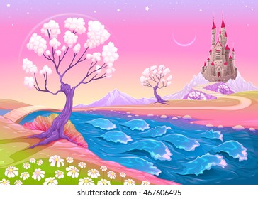 Paisagem de fantasia com castelo. Ilustração vetorial dos desenhos animados