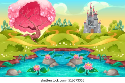 Fantasy landscape with castle in the countryside. Vector cartoon illustration