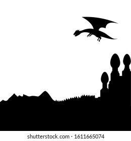 Fantasy landscape with castle and dragon silhouette. illustration.