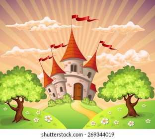 Fantasy landscape with castle. Fairytale kingdom. Vector illustration