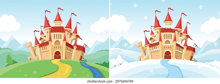 Fantasy landscape with castle. Fairytale tower winter and summer view. Old medieval royal house. Cartoon fantastic backgound.