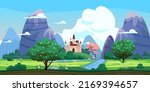 Fantasy landscape, castle, green hills, blooming trees, spring, mountains, panorama. Vector cartoon background illustration