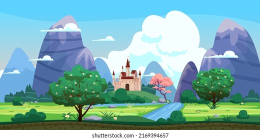 Fantasy landscape, castle, green hills, blooming trees, spring, mountains, panorama. Vector cartoon background illustration