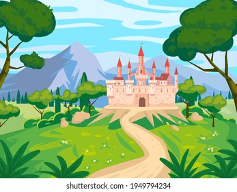 Fantasy landscape with Castle medieval Kingdom rural countryside. Fairytale background mountaines, trees, flora, field road to palace. Vector illustration