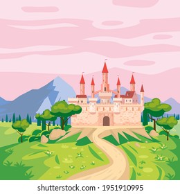 Fantasy landscape with Castle medieval Kingdom rural countryside. Fairytale background mountaines, trees, flora, field road to palace. Vector illustration