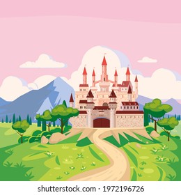 Fantasy landscape with Castle medieval Kingdom rural countryside. Fairytale background mountaines, trees, flora, field road to palace. Vector illustration