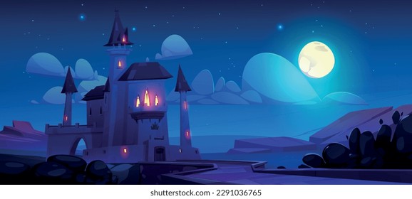 Un paisaje fantástico con castillo por la noche. Casa medieval, edificio palaciego con puente de piedra, torres, corona y portones de luna, ilustración vectorial de dibujos animados