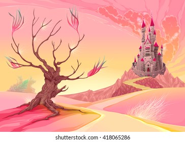 Fantasy landscape with castle. Vector cartoon illustration.