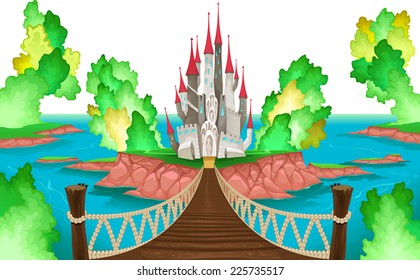 Fantasy landscape with castle, white sky. Vector illustration