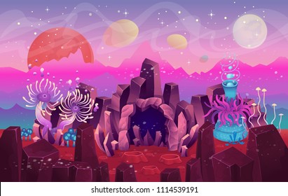 Fantasy landscape with a cave magical plants and mushrooms. Illustration of space or the seabed. Background for games and mobile applications.