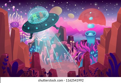  Fantasy landscape with a cave magical plants and mushrooms. Illustration of space with a flying saucer. Background for games and mobile applications.