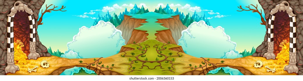 Fantasy landscape with caverns and treasures. Vector cartoon illustration, the sides repeat seamlessly for a possible, continuous animation.
