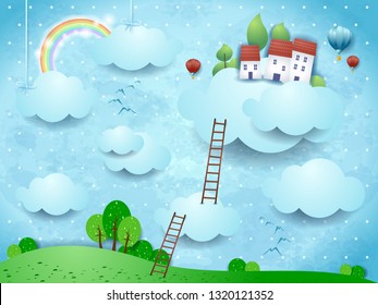 Fantasy landscape with clouds, village and stairways. Vector illustration eps10