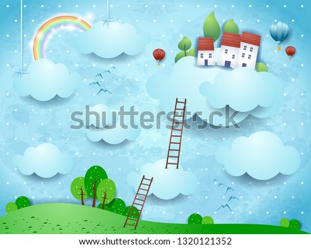 Fantasy landscape with clouds, village and stairways. Vector illustration eps10
