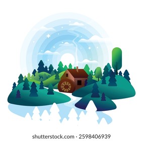 Fantasy landscape with cottage, trees, and glowing lights
