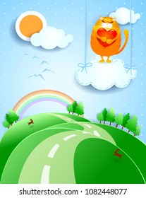 Fantasy landscape with cute cat and heart, vector illustration eps10