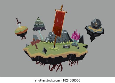 Fantasielandschaft. Dark place level design concept art. Videospielhintergrund. Umgebung mit Blumen, Stein und Fahne. Cartoon, Vektorgrafik.