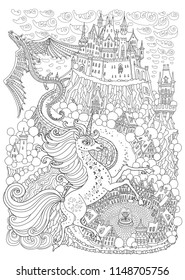 Fantasy landscape with dragon and unicorne. Fairy tale medieval castle on a hill. Round old street. T-shirt print. Album cover, postcard. Black and white Coloring book page for adults and children. 
