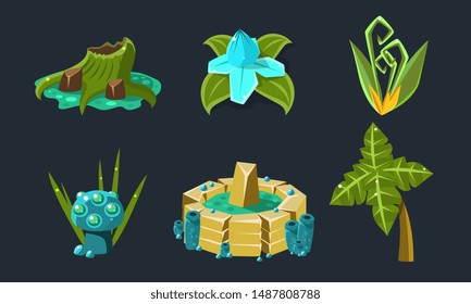 Fantasy Landscape Elements Set, Fantastic Trees and Plants, User Interface Assets for Mobile App or Video Game Vector Illustration