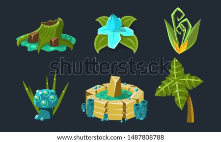 Fantasy Landscape Elements Set, Fantastic Trees and Plants, User Interface Assets for Mobile App or Video Game Vector Illustration